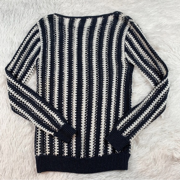 Theory long sleeve boat neck striped open knit sweater pullover white blue - Picture 6 of 6